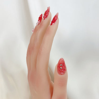 PO054 3d red aurora flower press on nails