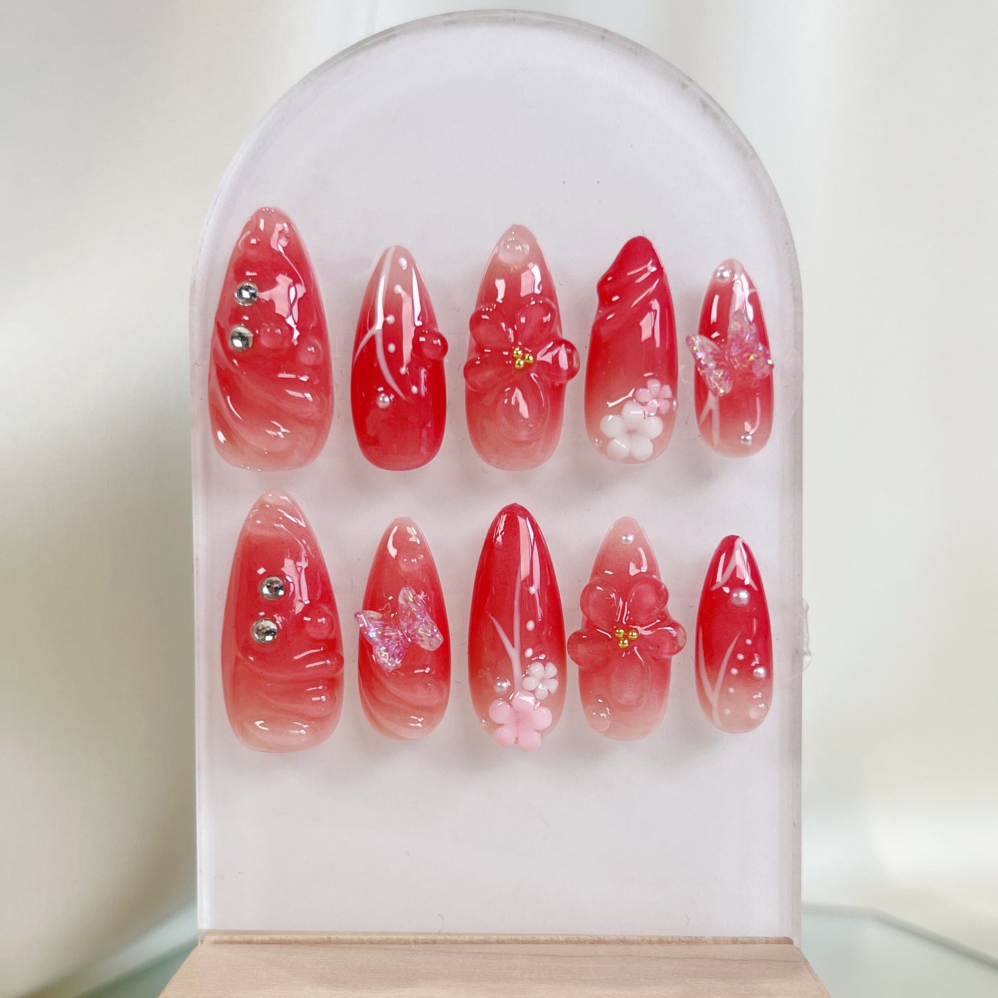 PO054 3d red aurora flower press on nails
