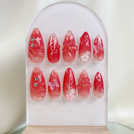 PO054 3d red aurora flower press on nails