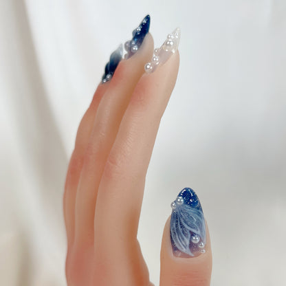 PO056 blue ocean mermaid almond press on nails