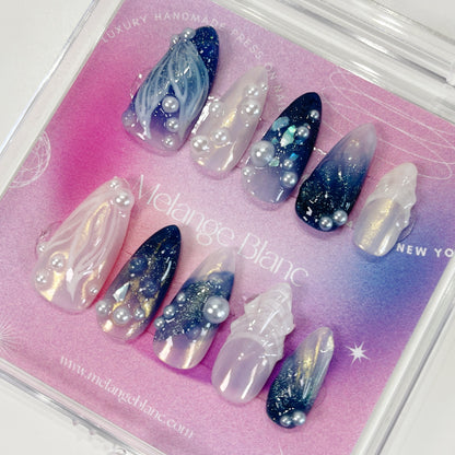 PO056 blue ocean mermaid almond press on nails