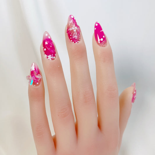PO058 3d pink flower bloom press on nails