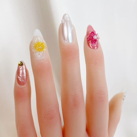 PO060 3d floral white iridescent press on nails