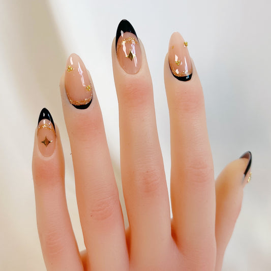 PO066 gold black french tips press on nails