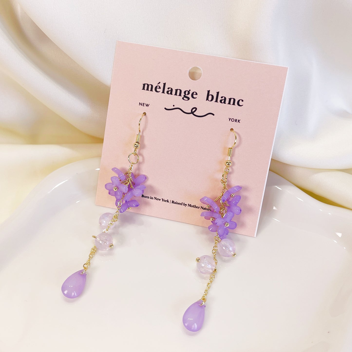 E195 purple lily flower long dangle earrings