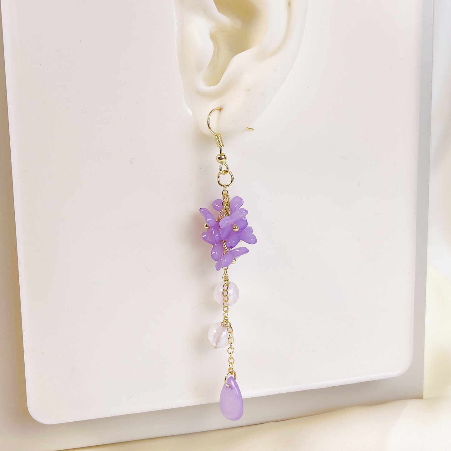 E195 purple lily flower long dangle earrings