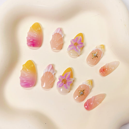 PO042 3D tropical beach flower press on nails