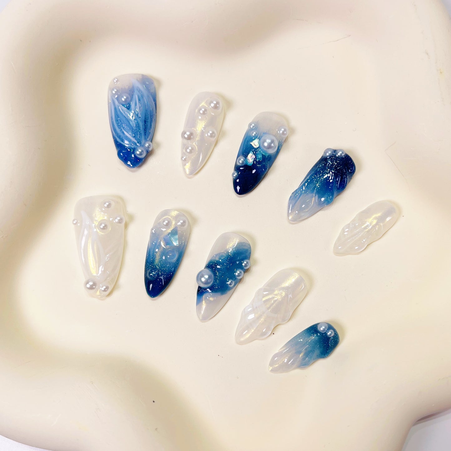 PO056 blue ocean mermaid almond press on nails