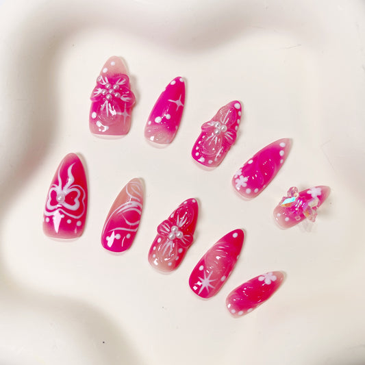 PO058 3d pink flower bloom press on nails