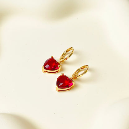 E149 red heart dangle huggie hoop earrings