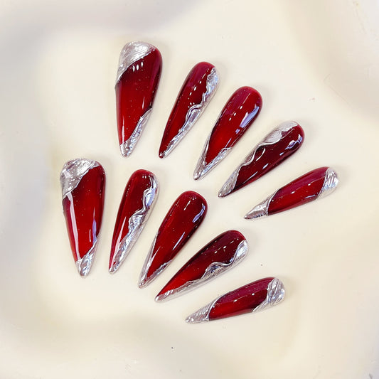 PO069 red silver chrome stiletto press on nails