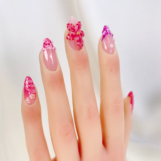 PO079 3D pink orchid flower press on nails