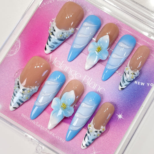 PO084 3D blue flower stiletto press on nails
