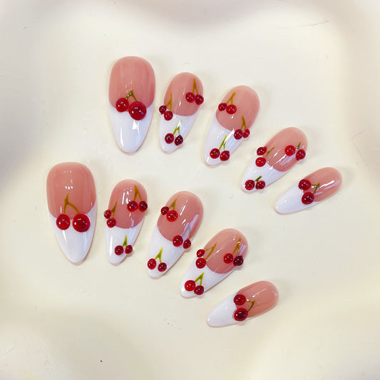 Red cherry white french tips almond press on nails