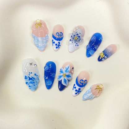 PO092 blue orchid flower ocean theme press on nails
