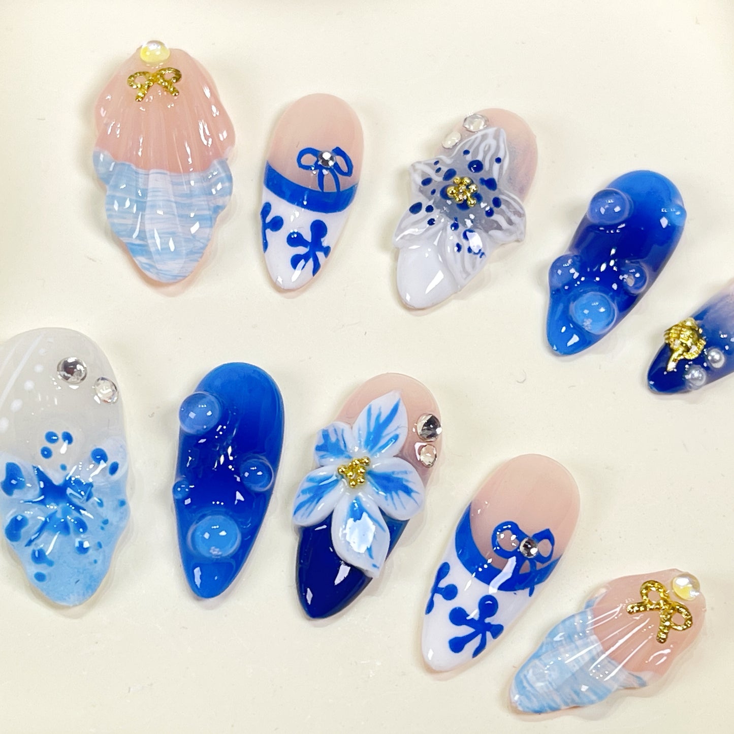 PO092 blue orchid flower ocean theme press on nails