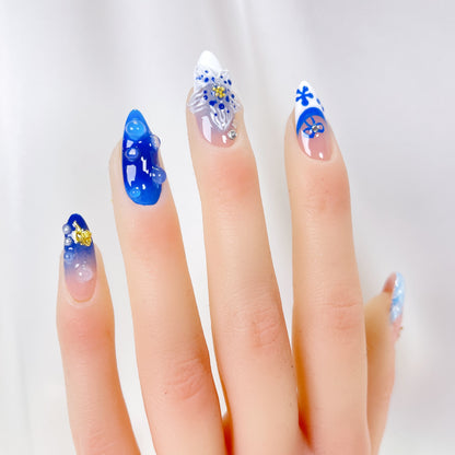 PO092 blue orchid flower ocean theme press on nails