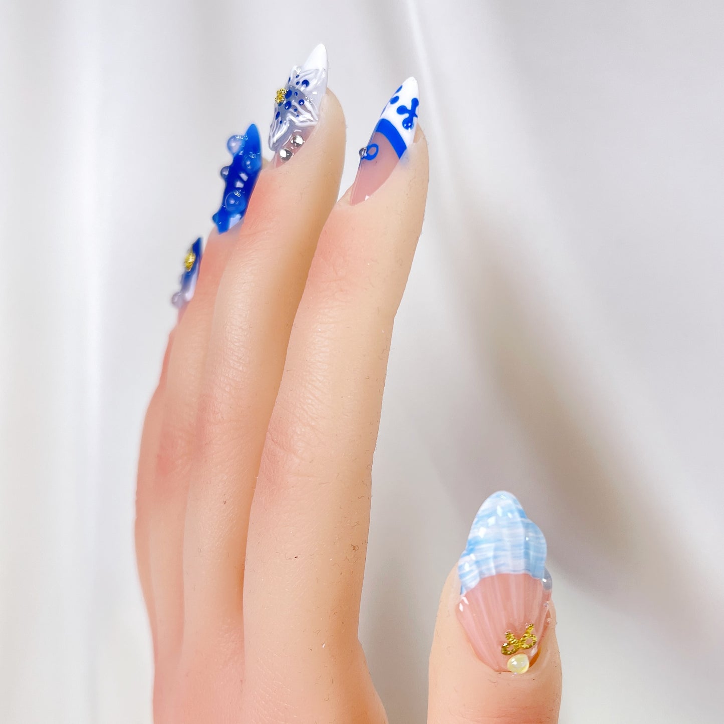PO092 blue orchid flower ocean theme press on nails