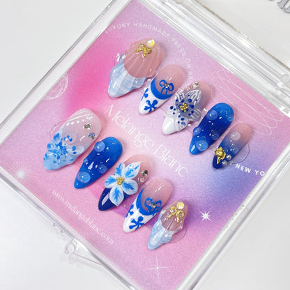 PO092 blue orchid flower ocean theme press on nails