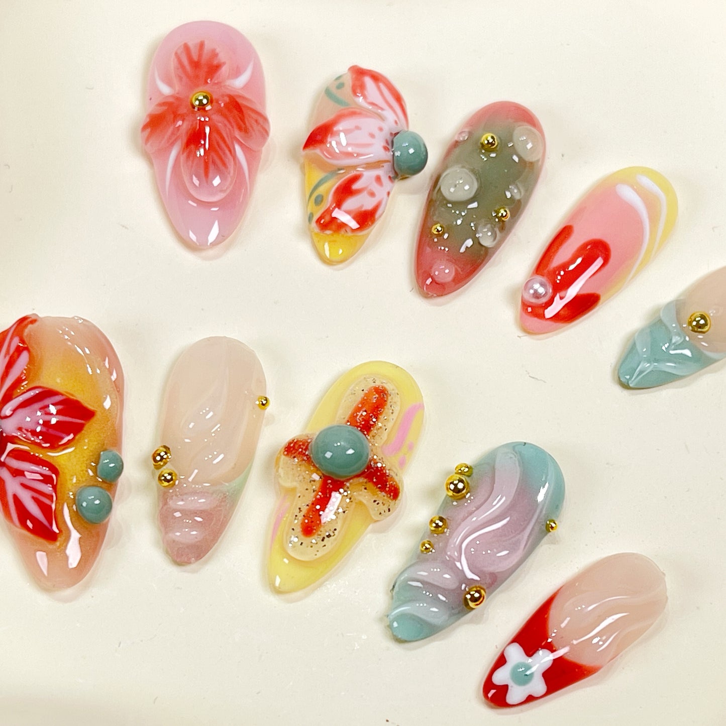 PO093 colorful flower garden almond press on nails