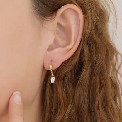 E166 gold baguette dangle huggie hoop earrings