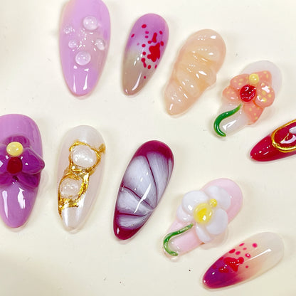 PO094 purple orchid flower almond press on nails