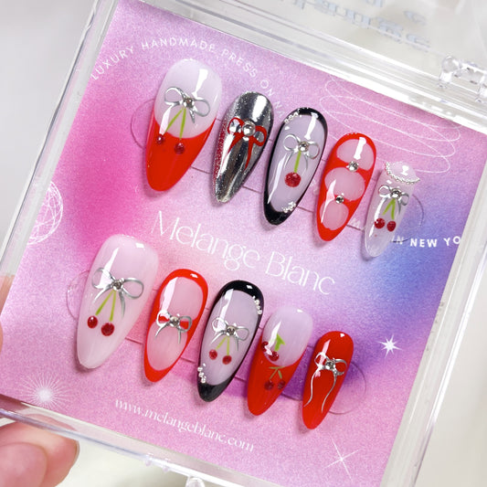 Red cherry silver chrome french tips almond press on nails