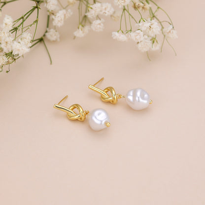 E161 love knot pearl dangle stud earrings