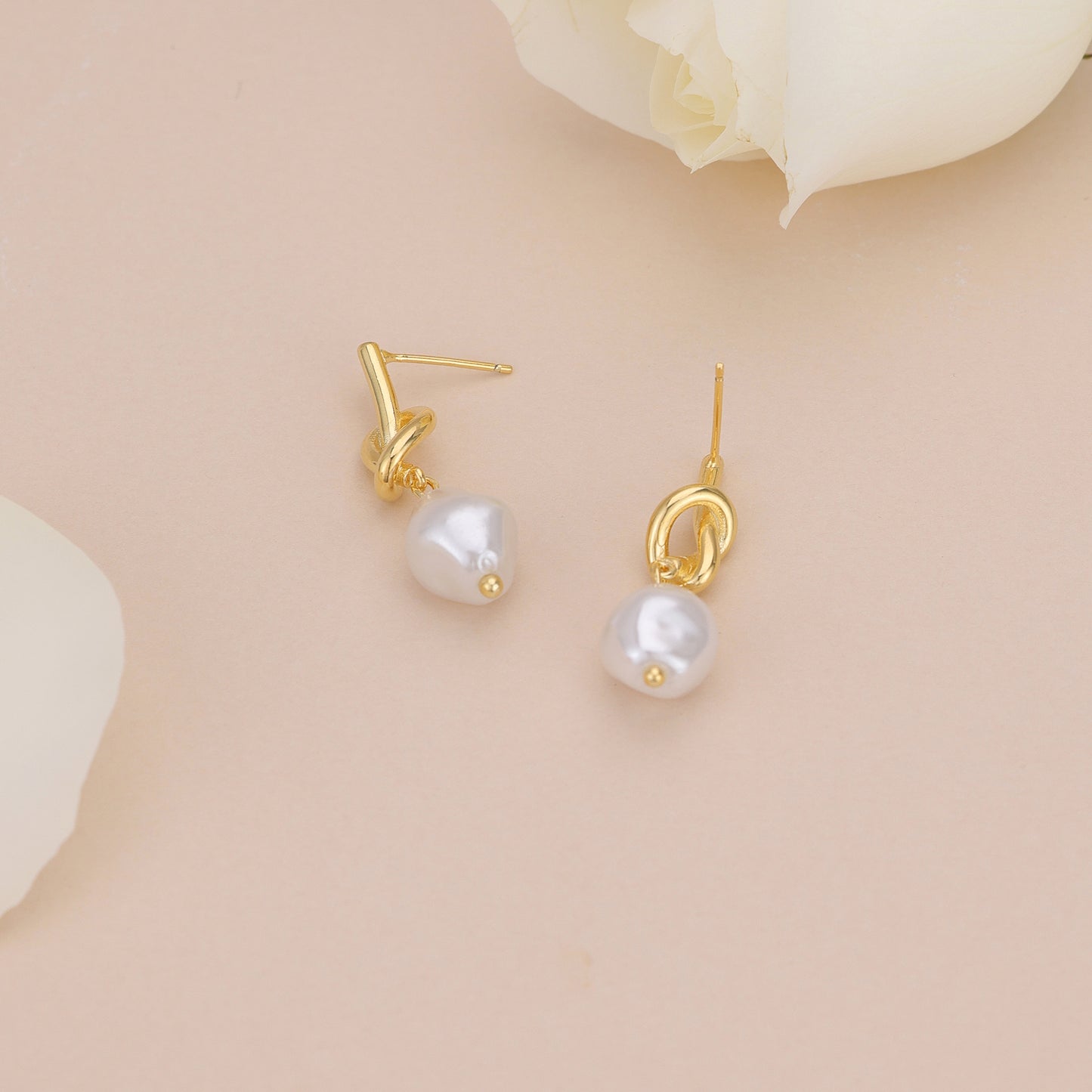 E161 love knot pearl dangle stud earrings