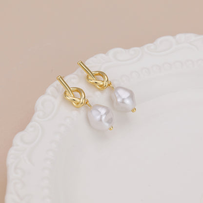 E161 love knot pearl dangle stud earrings