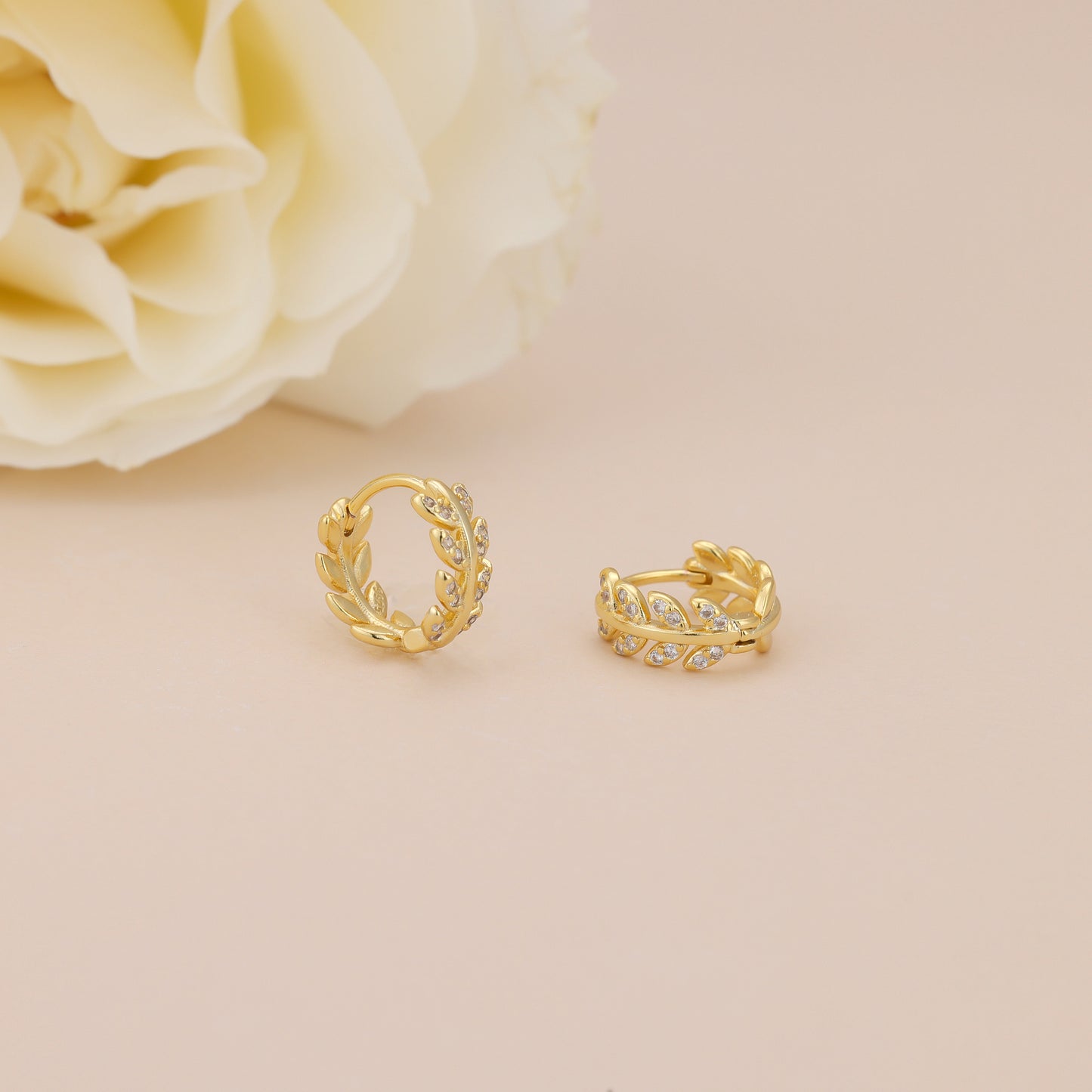 E043 gold leaf huggie hoop earrings