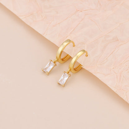 E166 gold baguette dangle huggie hoop earrings