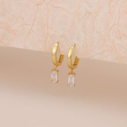 E166 gold baguette dangle huggie hoop earrings