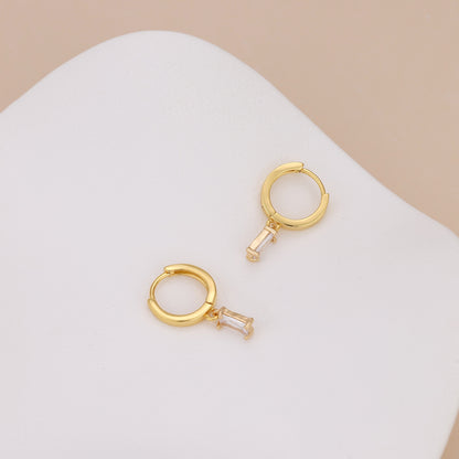 E166 gold baguette dangle huggie hoop earrings