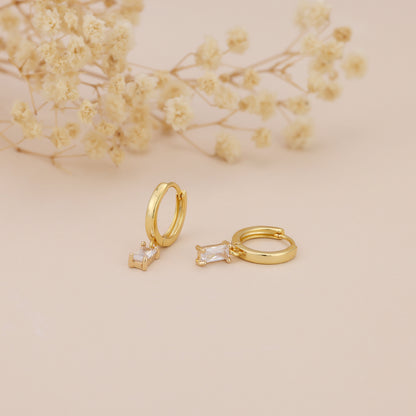 E166 gold baguette dangle huggie hoop earrings