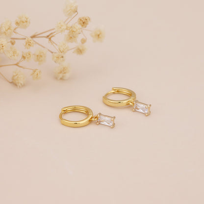 E166 gold baguette dangle huggie hoop earrings