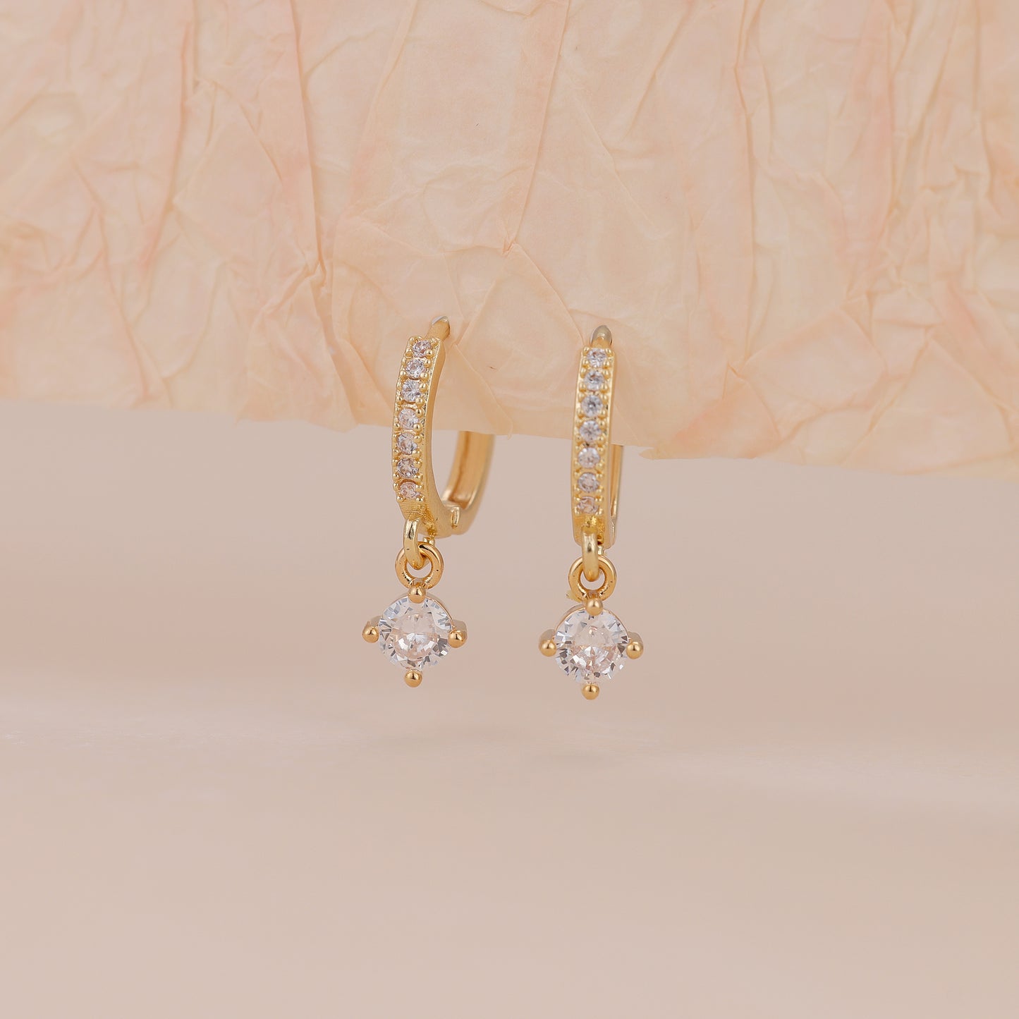 E156 gold solitaire dangle paved huggie hoop earrings