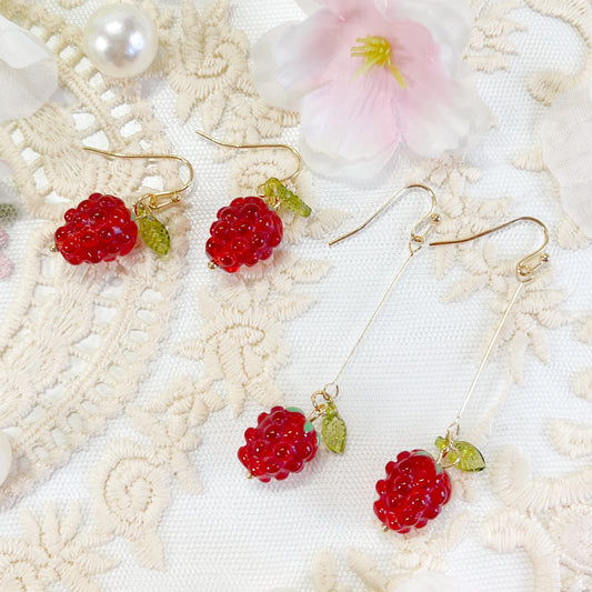 E229 red raspberry earrings, dangle earrings, fruit earrings