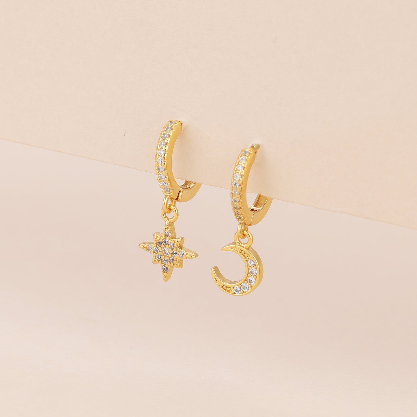 E140 mix matched moon star huggie hoop dangle earrings