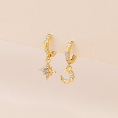 E140 mix matched moon star huggie hoop dangle earrings