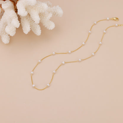 N009 satellite dainty gold Pearl Choker necklace