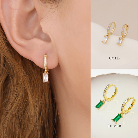 E143 14k gold filled huggie hoop earrings, emerald earrings, emerald dangle earrings