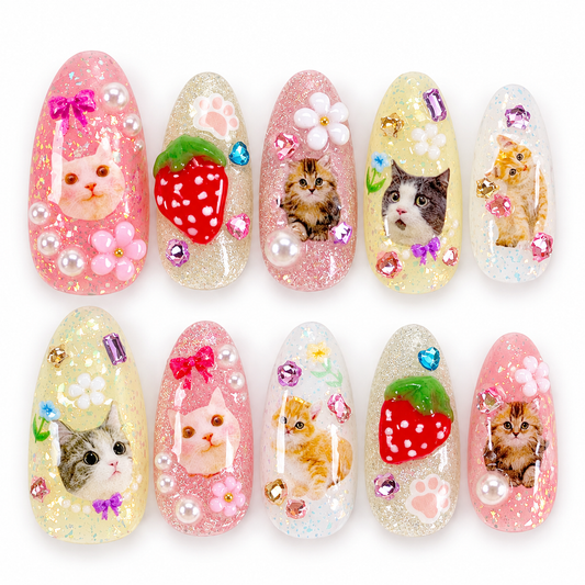 Pink & yellow cute cat strawberry press on nails PO225