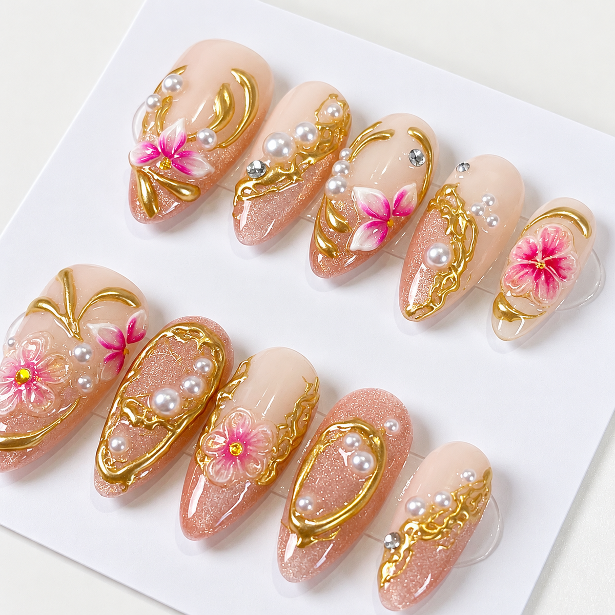 Glitter pink cat eye floral chrome press on nails PO228