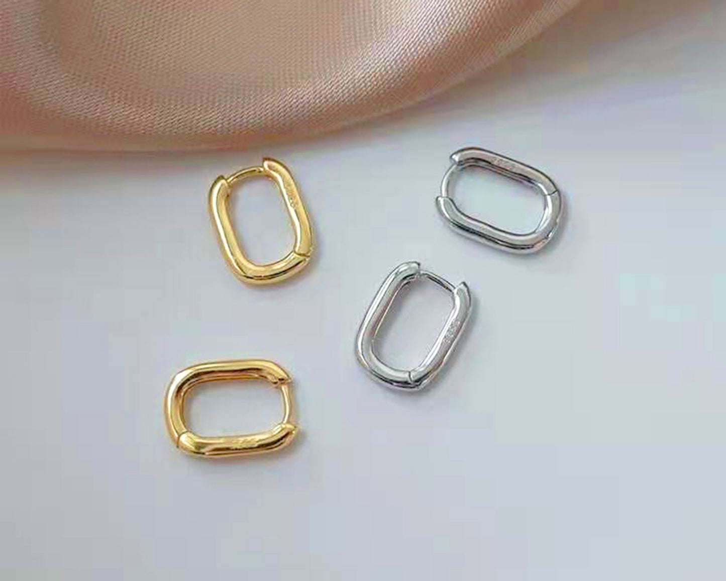 Gold Vermeil E079 oval rectangle huggie hoop earrings