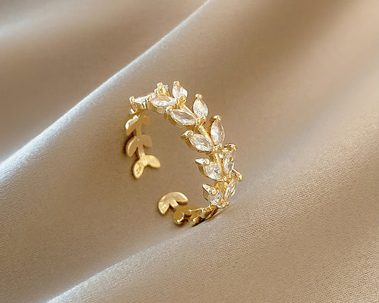 R009 gold flower leaf crystal open adjustable ring sale