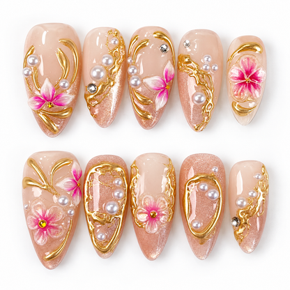 Glitter pink cat eye floral chrome press on nails PO228