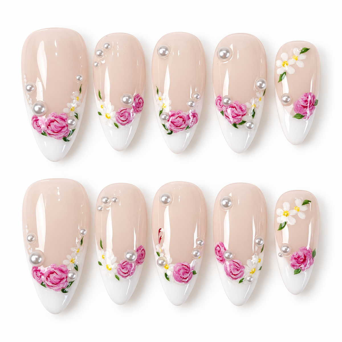 White french floral with pearls press on nails PO227