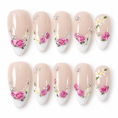 White french floral with pearls press on nails PO227
