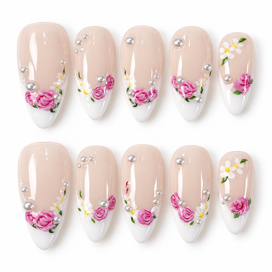 White french floral with pearls press on nails PO227